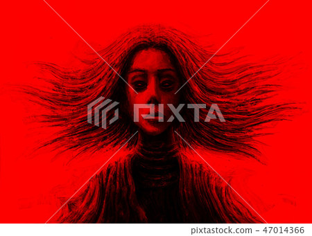 Magic girl with flowing hair. Red background 47014366
