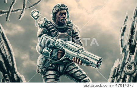 Space soldier studying the wreckage of starship. 47014373