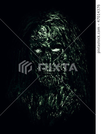 Grim green zombie woman face on black background. Grim green zombie woman face on black background. 47014376