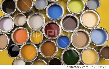 Colours paint can, yellow background Colours paint can, yellow background 47014473
