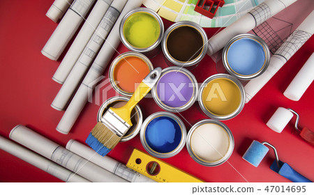 Collection of colored paints cans, Brush, red  47014695