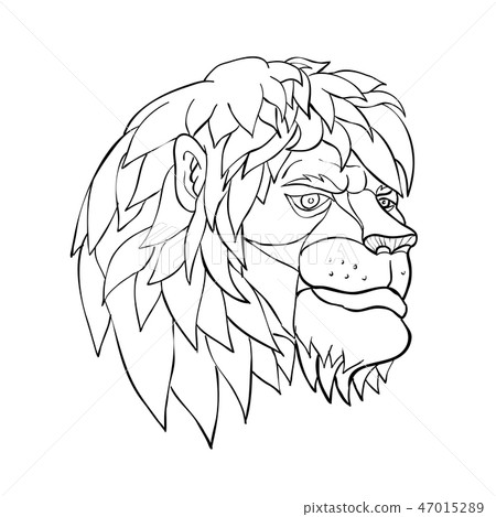 Pensive Lion Head Cartoon Black and White 47015289