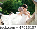fashion photo of beautiful woman with dark hair in luxurious wedding dress posing outdoor. 47016157