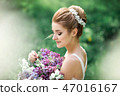 Portrait of young woman in the flowered garden in the spring time. 47016167