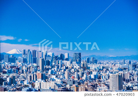 東京新宿地區城市景觀富士山遠景 照片素材 圖片 圖庫