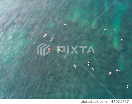 Top view of many surfers waiting  to catch waves  47021737