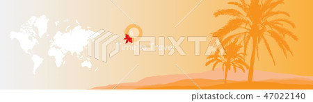 Time to Travel. Banner with silhouettes of tropical palm trees and world map on a orange background 47022140