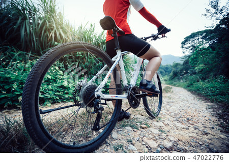 Woman cyclist riding Mountain Bike on forest trail 47022776