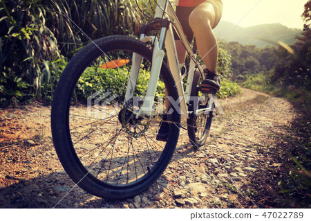 Woman cyclist riding mountain bike on rocky trail  47022789