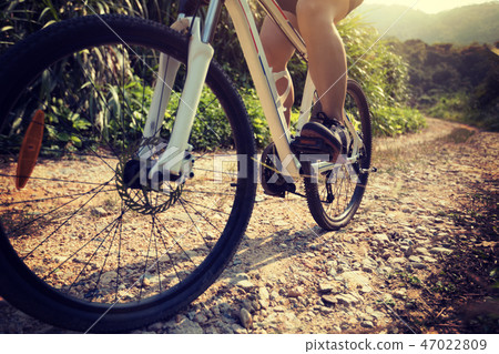 riding mountain bike on rocky trail at sunny day 47022809