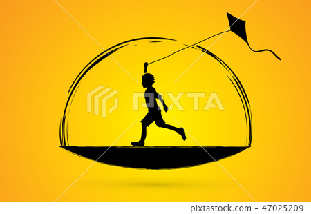 Little boy running with kite graphic vector. 47025209