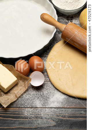 rolled and unbaked Shortcrust pastry dough recipe on wooden background rolled and unbaked Shortcrust pastry dough recipe on wooden background 47029173