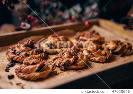 Cinnabon with chocolate as cake food concept. Close up view 47030646