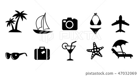 Set of black flat travel and vacation vector icons. Palm tree, sailing ship, camera, bikini swimsuit Set of black flat travel and vacation vector icons. Palm tree, sailing ship, camera, bikini swimsuit 47032069