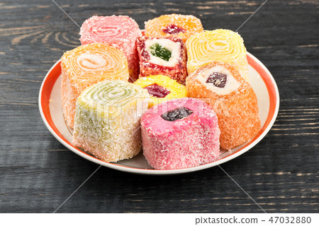 Turkish delight lokum in a plate 47032880