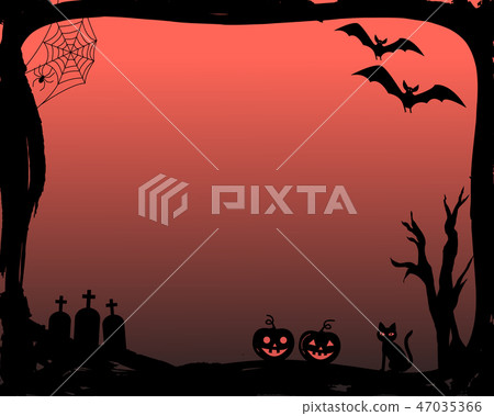 Halloween party invitation in vector frame with silhouettes of bats, cat, pumpkin, graves, spider 47035366