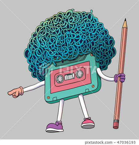 Compact Cassette Tape Character with Pencil Compact Cassette Tape Character with Pencil 47036193
