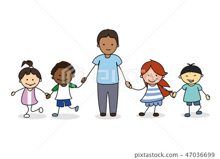 children  / kids with male adult holding hands, 47036699