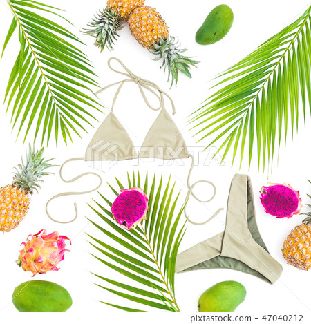 Pineapple, dragon fruit and mango, palm leaves 47040212