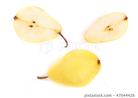 ripe yellow pear fruits isolated on white background. Top view. Flat lay pattern 47044426