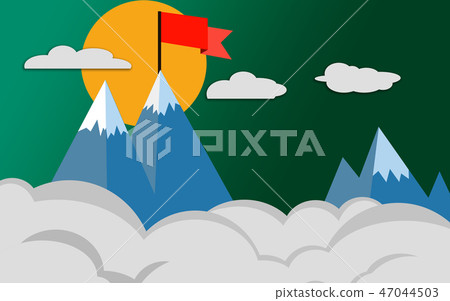 Top of the mountain with red flag, success concept Top of the mountain with red flag, success concept 47044503