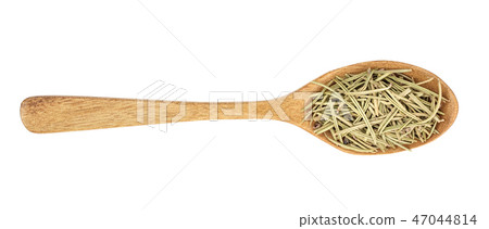 Dried rosemary or rosemarin leaves in wooden spoon isolated on white background top view Dried rosemary or rosemarin leaves in wooden spoon isolated on white background top view 47044814