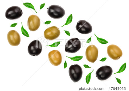 Green and black olives isolated on a white background with copy space for your text. Top view. Flat 47045033