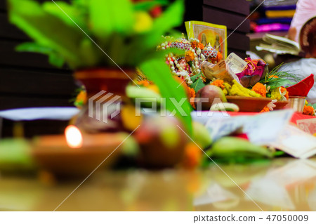 Selective focus. Diwali puja or Laxmi puja set up 47050009