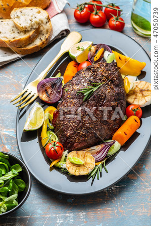 Club Beef steak with pepper sauce and Grilled vegetables on dark wooden background. Roas beef. Copy Club Beef steak with pepper sauce and Grilled vegetables on dark wooden background. Roas beef. Copy 47050739