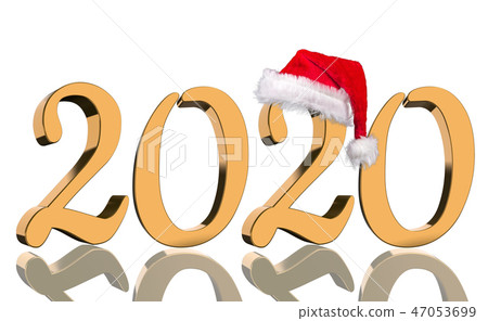 3D Render - 2020 in golden numbers with Santa Cap 47053699
