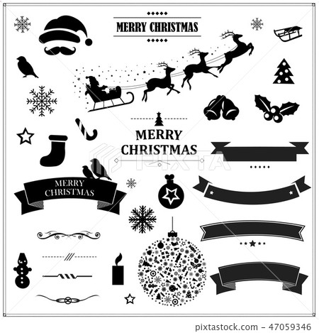 Set Of Vintage Black Christmas Symbols And Ribbons 47059346
