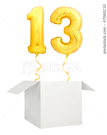Golden number thirteen balloon flying out of blank white box isolated on white background Golden number thirteen balloon flying out of blank white box isolated on white background 47060210