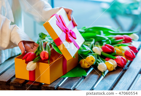 wrapping beautiful tulips near gift box on wooden table 47060554