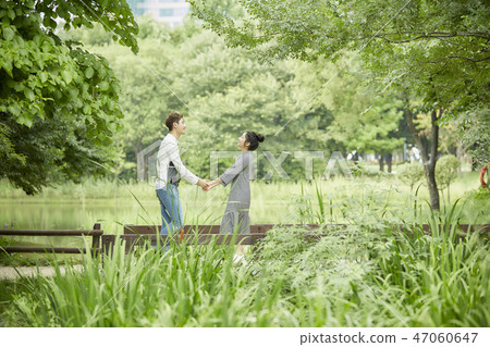 Couple, lover, student, college student, date, summer, park, forest, walk 47060647