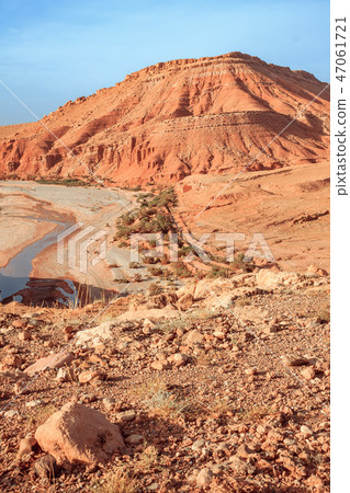 Epic Viev View of the desolating valley Ounila River. Beautiful Northern African Landscape Epic Viev View of the desolating valley Ounila River. Beautiful Northern African Landscape 47061721