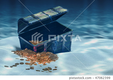 Open treasure chest with gold underwater 47062399