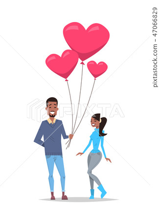 man giving woman pink heart shape air balloons happy valentines day holiday concept african american 47066829