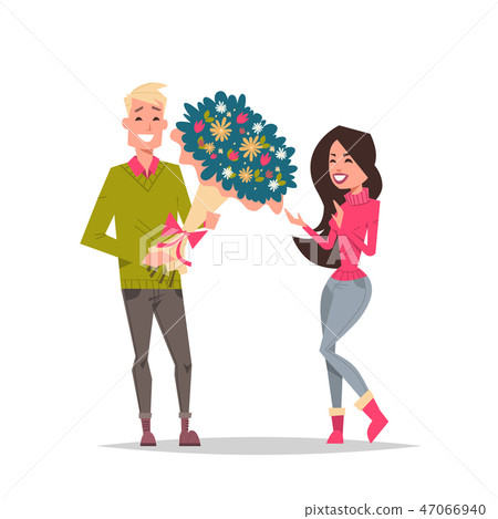 man present woman bouquet of flowers happy valentines day holiday concept young couple in love male man present woman bouquet of flowers happy valentines day holiday concept young couple in love male 47066940