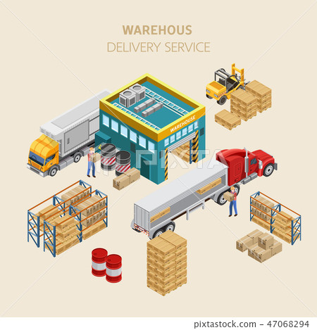 Workers loading trucks near depot Workers loading trucks near depot 47068294