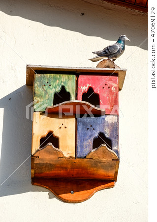 Colorful birdhouse mounted on the wall Colorful birdhouse mounted on the wall 47069129