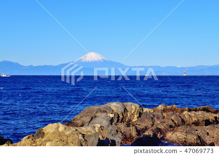 從Arasaki海岸看到的相模灣和富士山 47069773