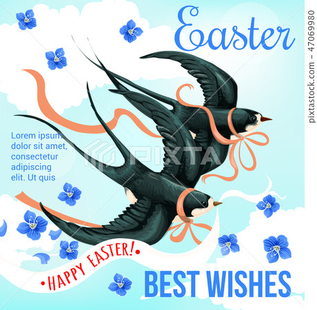 Easter Holiday poster with bird and spring flower 47069980