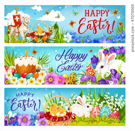Easter bunnies with eggs, flowers and chicks 47070008