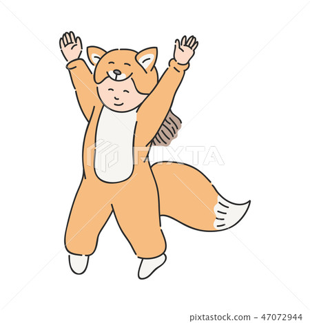 Cute child girl in festive costume of red fox isolated on white background. 47072944