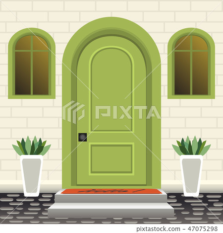 House door front doorstep steps, lamp, flower pot 47075298
