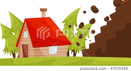 Stones from hillside falling on house. Natural disaster. Dangerous situation. Flat vector design 47076368