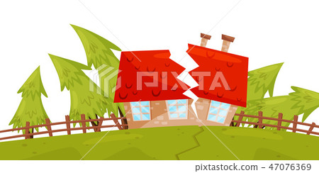 Flat vector scene with house destroyed by earthquake, crack in the ground, green fir trees. Natural 47076369