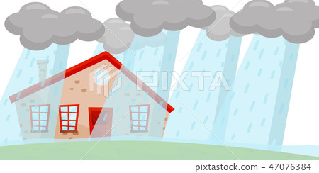 Heavy rain flooding living house. Huge gray clouds. Natural disaster. Emergency situation. Flat Heavy rain flooding living house. Huge gray clouds. Natural disaster. Emergency situation. Flat 47076384