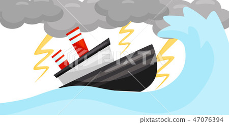 Flat vector scene with ship in strong lightning storm. Sea wave and dark gray clouds. Extreme Flat vector scene with ship in strong lightning storm. Sea wave and dark gray clouds. Extreme 47076394
