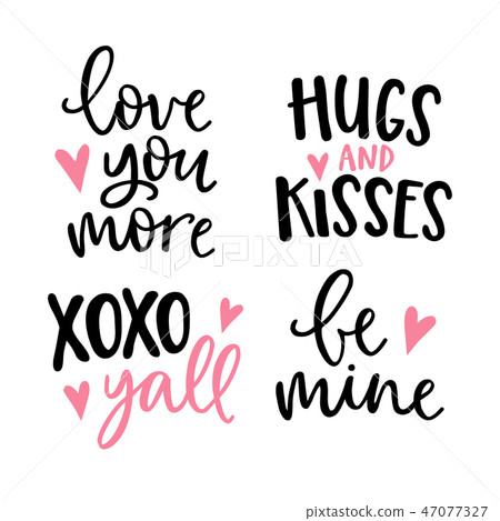 Wedding or Valentines day lettering set. Black hand lettered quotes with pink hearts for greeting Wedding or Valentines day lettering set. Black hand lettered quotes with pink hearts for greeting 47077327